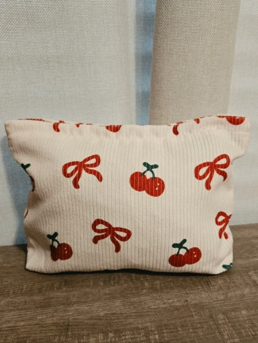 2 Pcs Cherry & Bow Corduroy Makeup Bag  Cream Cosmetic Pouch NWOT